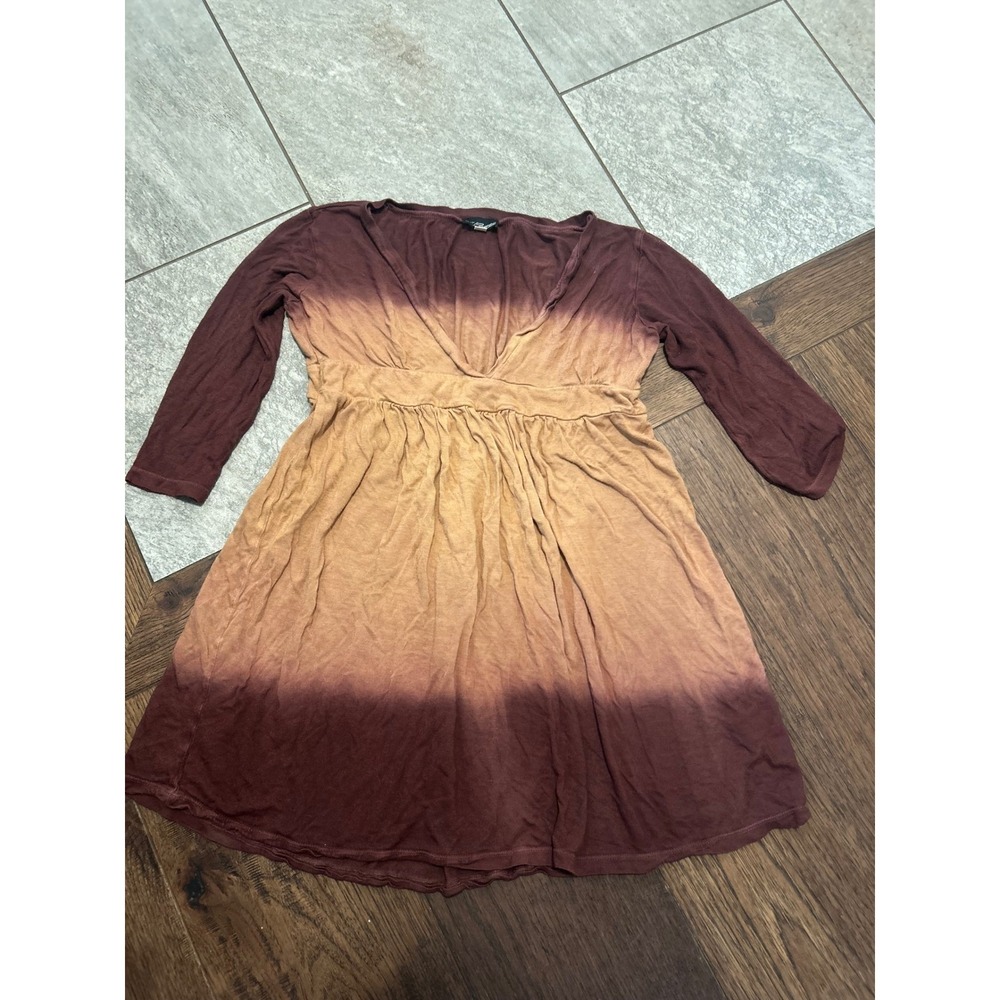 Y2K L'Apogee Ombre babydoll boho tunic brown Tan V-Neck Empire 3/4 Sleeve small